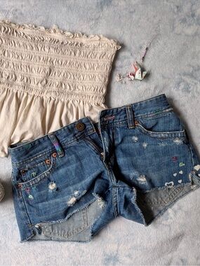 American Eagle Outfitters Distressed Embroidered Blue Denim Jean Shorts